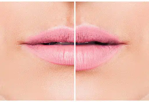 Close-up before and after comparison showing lip augmentation results with fuller, defined lips
