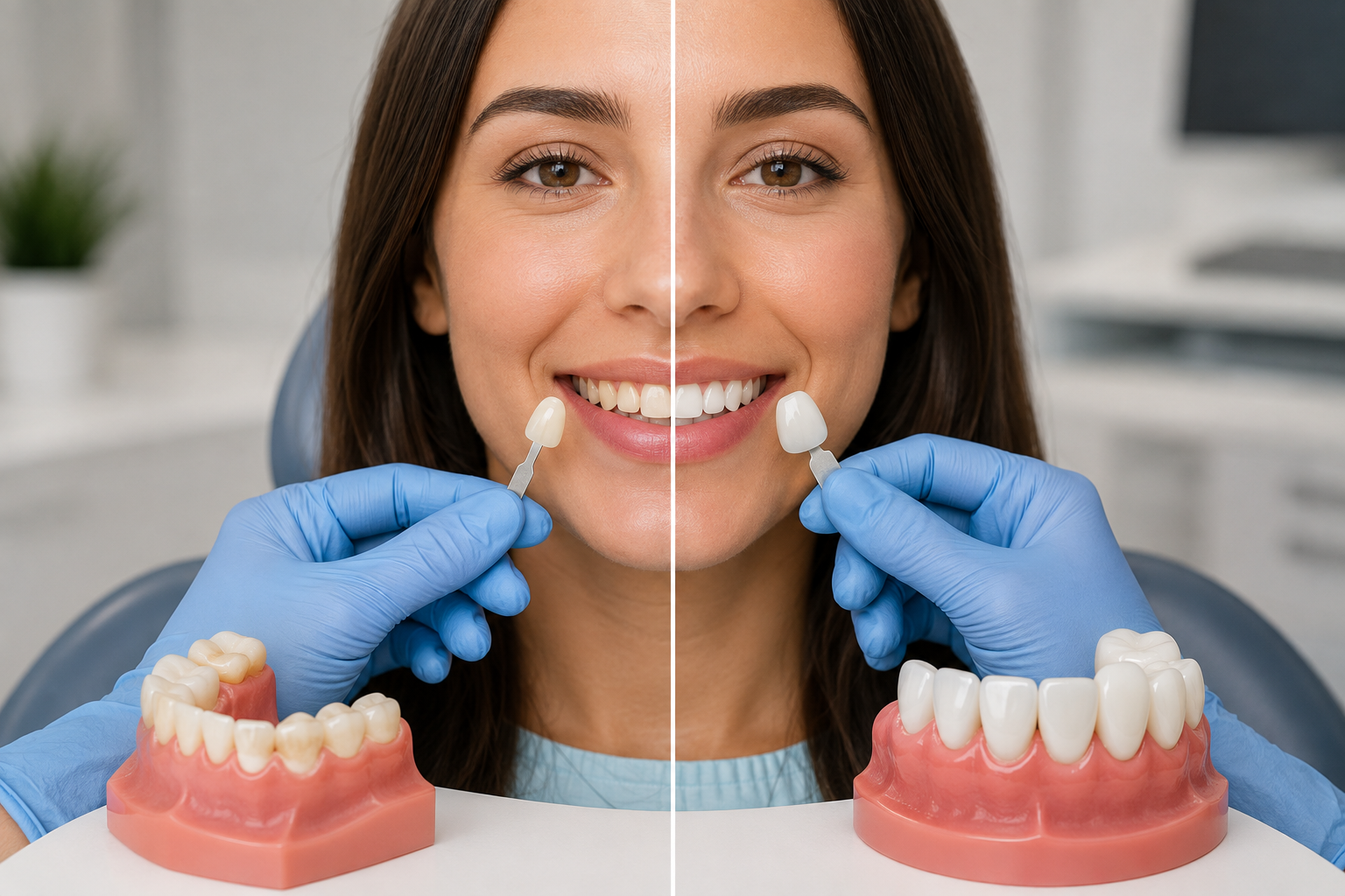 Bonding vs veneers smile comparison showing a dentist evaluating a patient's front teeth for cosmetic treatment.
