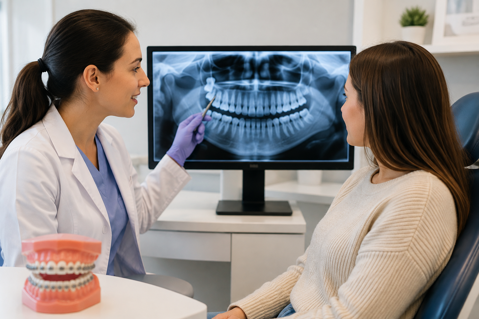 How orthodontists treat impacted teeth during an orthodontic consultation using digital X-rays.