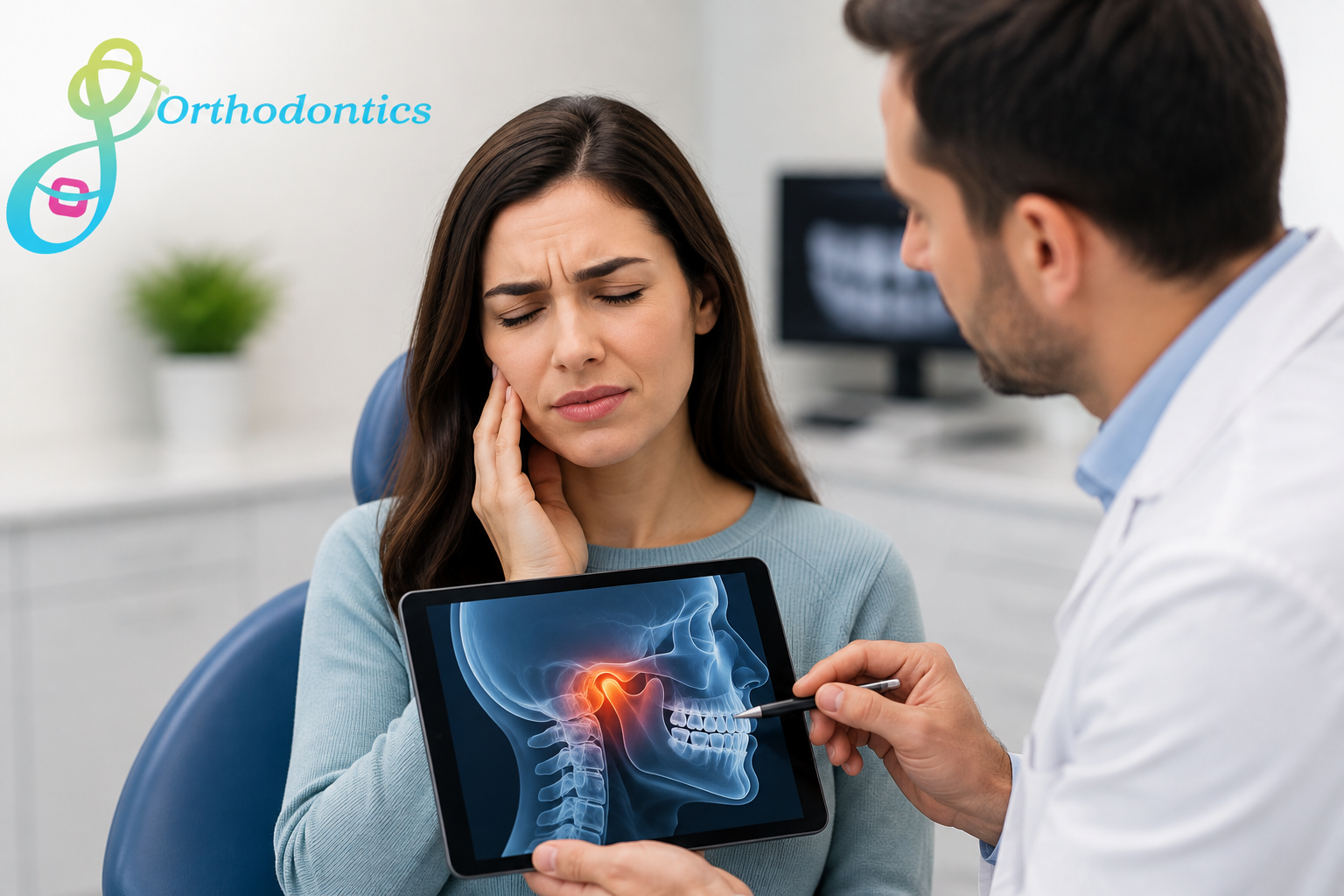Can braces fix jaw pain? Orthodontist evaluating a patient with jaw discomfort and bite alignment during a consultation.