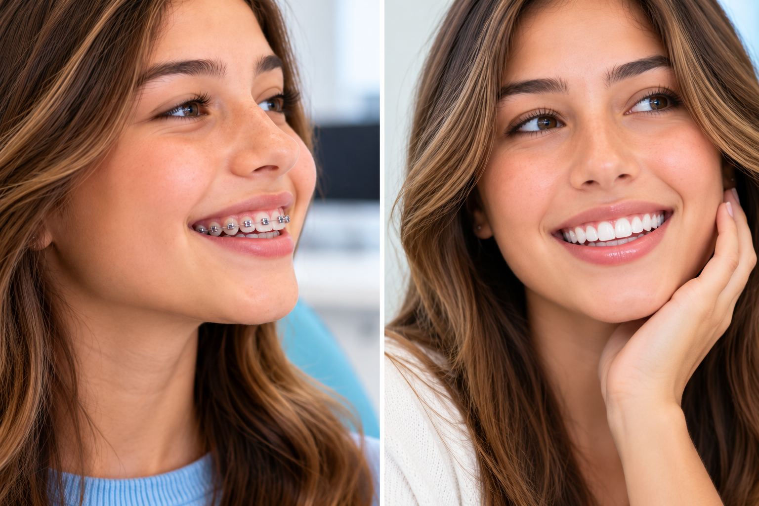 Braces versus veneers comparison showing orthodontic braces and cosmetic veneers for improving a smile