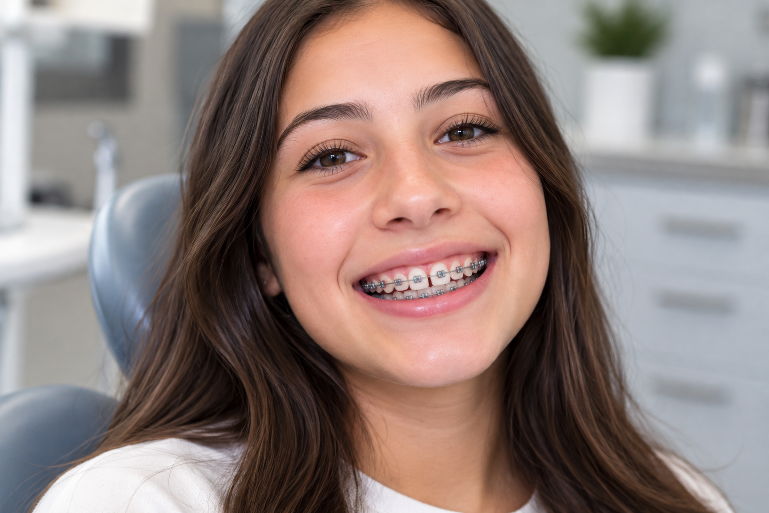 Orthodontist closing gaps between front teeth with braces during orthodontic treatment.